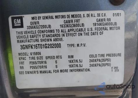 2001 Chevrolet Suburban 1500 Lt from USA, damaged, VIN 3GNFK16T01G202000